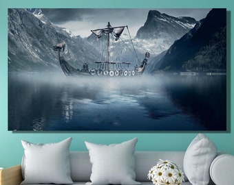Vikings Ship Canvas Art,Viking Ship in Misty Fjord with Snow Capped Mountains in Background,Ragnar Lodhbrok Poster,Viking Poster Canvas Art