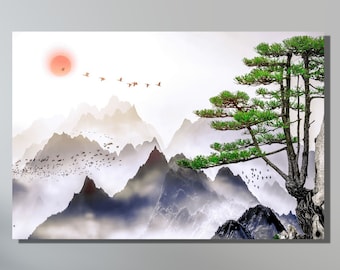 Japanese Poster Print,Japanese Landscape Painting of Pine Trees Canvas Wall Art,Cloud and Sunrise.Japanese Painting,Japan Print Wall Decor