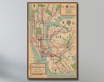 Puede incluir: Un mapa enmarcado de estilo vintage del sistema de metro de la ciudad de Nueva York con fondo beige, que presenta líneas de tránsito rojas, azules y negras, una rosa de los vientos y texto que incluye Union Dime Savings Bank, en un marco negro fino.