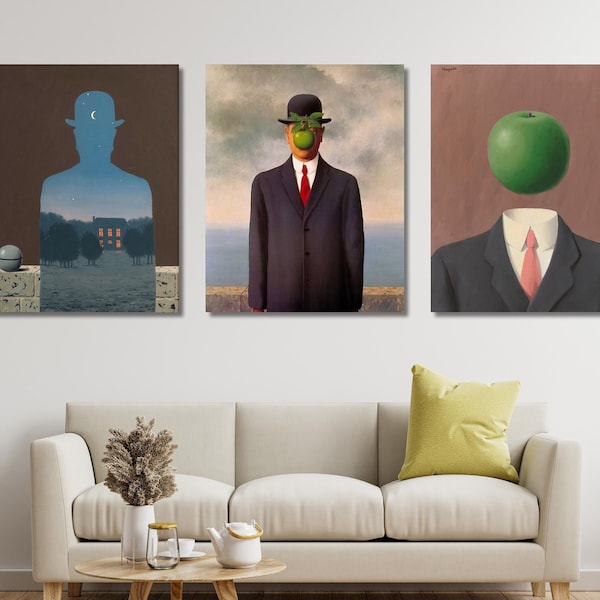 Benutzerdefiniertes Set von 3 René Magritte Leinwand Wandkunst,René Magritte Gemälde Leinwand Wandkunst,René Magritte Kunstwerke,Berühmte Wandkunst,René Magritte