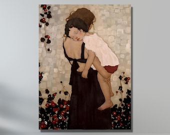 May include: A painting of a woman holding a sleeping child in her arms. The woman is wearing a black dress and the child is wearing a white shirt and red shorts. The background is a wall with a vine of red flowers.
