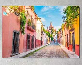 Arte mural en lienzo de México, impresión del paisaje urbano de San Miguel, arte mural arquitectónico, arte contemporáneo, decoración de pared moderna y de moda, regalo de inauguración de la casa.