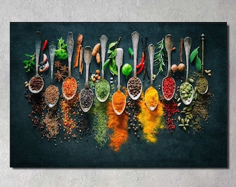 May include: A variety of spices in spoons arranged in a rainbow pattern on a dark blue background. The spices include turmeric, paprika, cumin, coriander, chili flakes, and peppercorns.