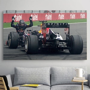 May include: A Formula One race car with a red bull logo and the text "Infiniti Q100" on the side. The car is on a race track with a red and white checkered flag in the background. The driver is celebrating with his arms raised in the air.