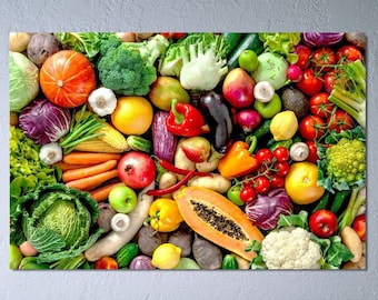 May include: A colorful still life featuring a variety of fresh fruits and vegetables, including red tomatoes, green peppers, yellow lemons, and orange carrots. The produce is arranged in a visually appealing pattern, creating a vibrant and appetizing display.