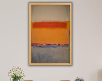 Puede incluir: Pintura abstracta enmarcada en madera. La obra presenta bloques rectangulares en tonos naranja, rojo, gris y azul. Una fina línea negra separa las secciones naranja y azul. La pintura se exhibe en una pared de color claro.