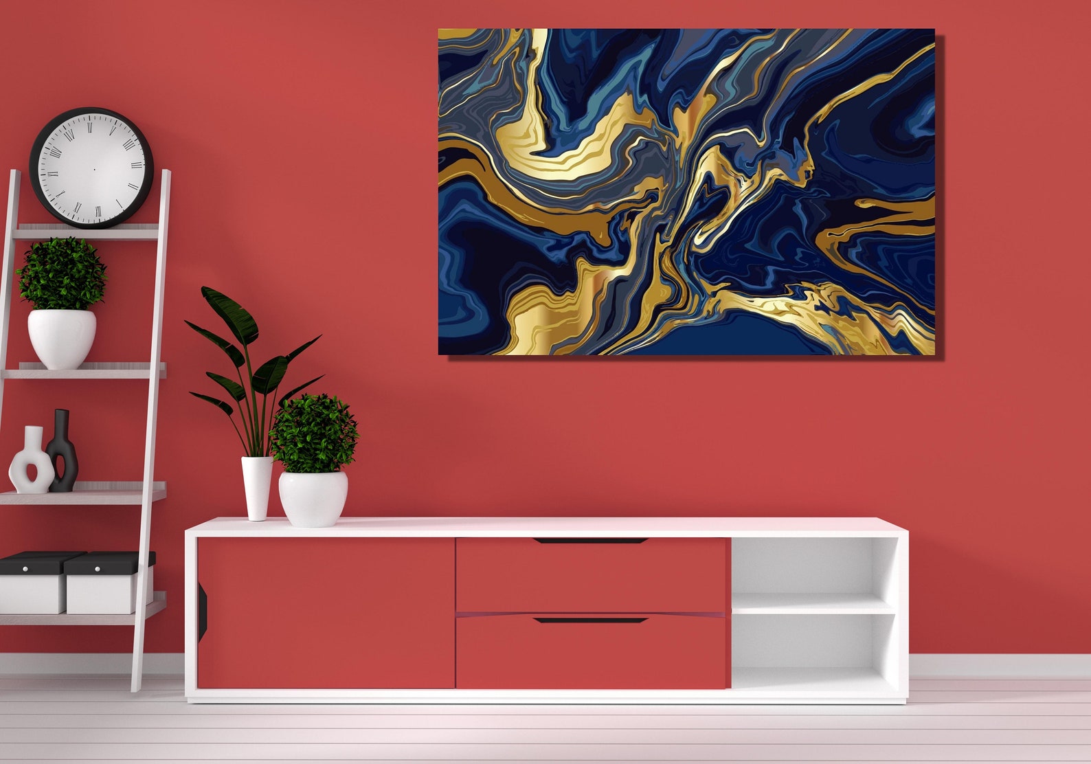 Abstract Dark Blue Waves Gold Marble Canvas Wall Art,abstract Marble ...