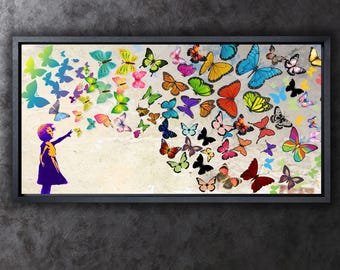 バンクシーの蝶の少女と少年のキャンバスアートバンクシーの少年少女と