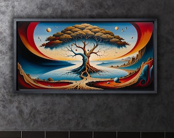 Könnte beinhalten: Gerahmtes Gemälde, das einen stilisierten Baum mit einem großen, strukturierten Blätterdach und freiliegenden Wurzeln zeigt. Das Kunstwerk weist eine lebendige Farbpalette aus Blau-, Rot- und Orangetönen auf, mit einer surrealen Landschaft und schwebenden Kugeln. Das Gemälde wird an einer dunkelgrauen Wand ausgestellt.