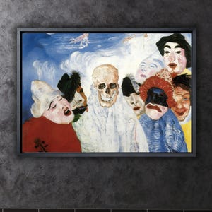 May include: A framed painting depicting a group of figures with expressive faces, including a prominent skull. The artwork features a vibrant color palette with blues, reds, and yellows, creating a dramatic and theatrical scene. The style is reminiscent of expressionist art.