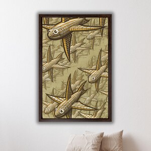 May include: A framed print of a repeating pattern of stylised fish with brown and gold markings on a beige background.