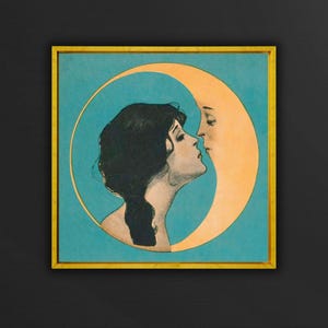Vintage Woman Kissing Moon Canvas Art Print,Man in the Moon Poster,Art Nouveau,Art Deco,Exhibition Poster,Dear Old Dixie Moon,Modern Art