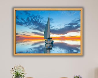 Arte de parede em tela com barco à vela ao pôr do sol, pôster com reflexão do oceano, decoração de parede em tela de algodão marinho tranquilo, decoração de parede para sala de estar