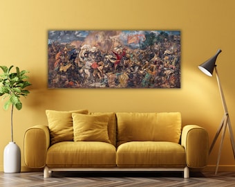 May include: A large rectangular framed print of a historical battle scene, depicting numerous figures in combat. The artwork features a chaotic composition with a variety of colors, including reds, browns, and blues. The print is displayed above a yellow sofa.