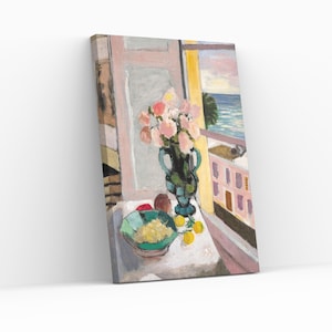 May include: A still life painting of a vase of pink flowers, a bowl of fruit, and a window with a view of the sea. The painting is done in a loose, impressionistic style.