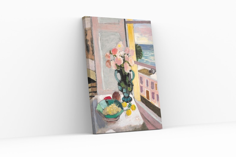 May include: A still life painting of a vase of pink flowers, a bowl of fruit, and a window with a view of the sea. The painting is done in a loose, impressionistic style.