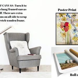 May include: A comparison of three ways to display artwork: a framed poster print, a rolled canvas print, and a canvas print ready to hang. The poster print features a colorful floral design. The rolled canvas print shows a landscape scene with a house. The ready-to-hang canvas print is not visible.