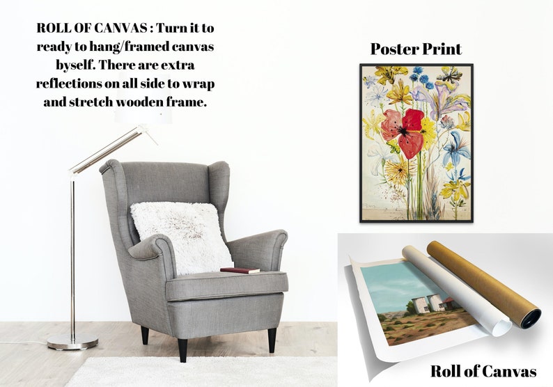 May include: A comparison of three ways to display artwork: a framed poster print, a rolled canvas print, and a canvas print ready to hang. The poster print features a colorful floral design. The rolled canvas print shows a landscape scene with a house. The ready-to-hang canvas print is not visible.