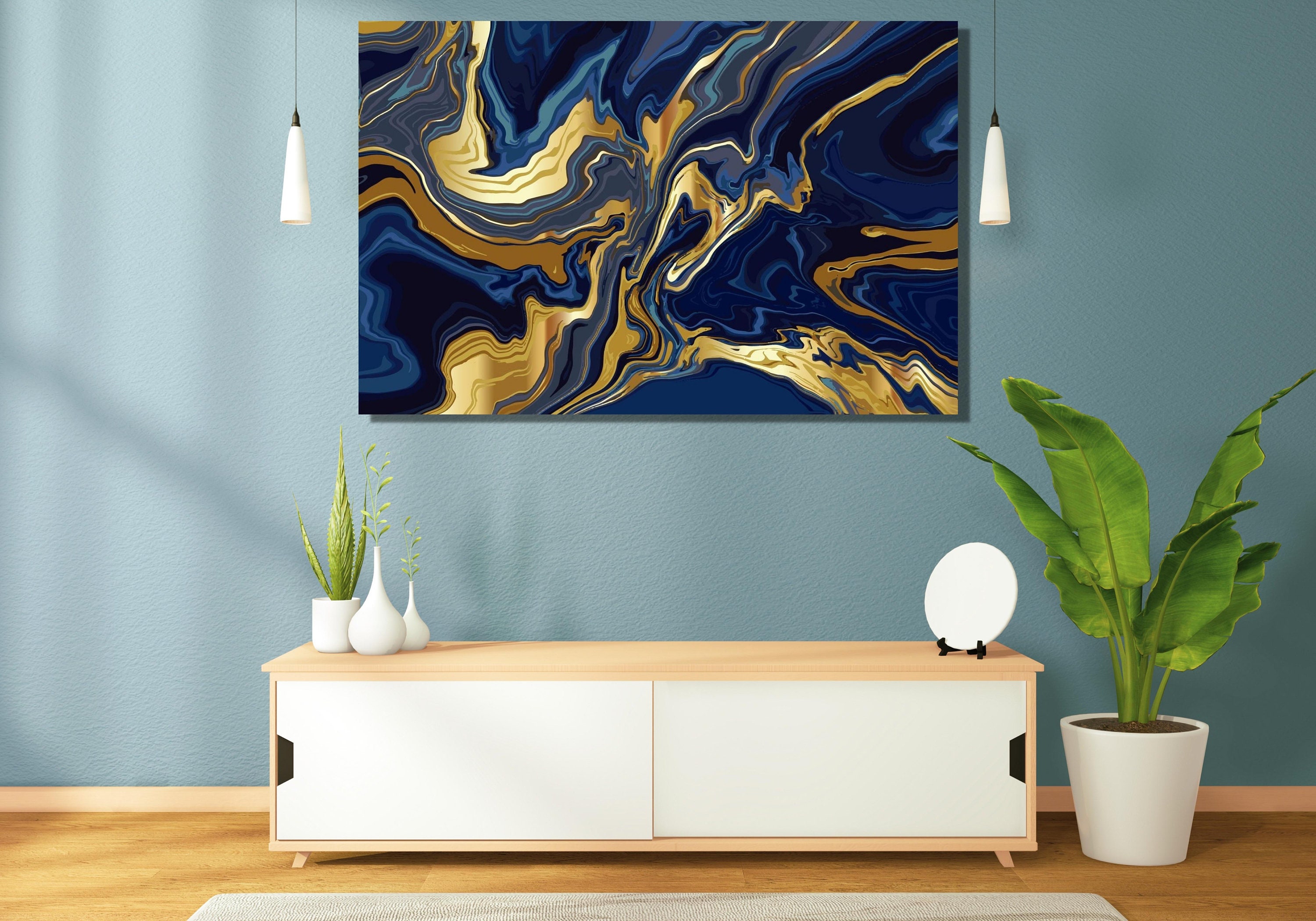 Abstract Dark Blue Waves Gold Marble Canvas Wall Art,abstract Marble ...
