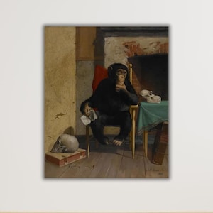 May include: A framed painting depicts a chimpanzee seated in a wooden chair, holding a paper, with a skull on a box and another on a table. The scene is set in a room with a fireplace and a green tablecloth.
