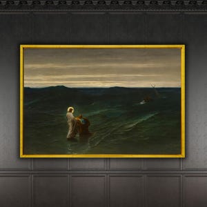 May include: A framed painting of a religious scene. The artwork shows two figures in the water, with a boat in the distance. The painting is set against a backdrop of a cloudy sky and dark water. The frame is gold.