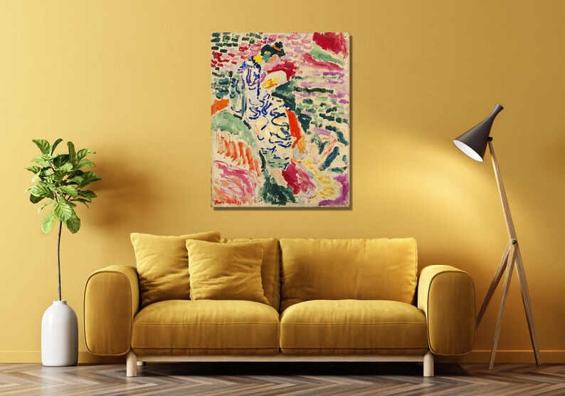May include: Abstract painting with a colorful, expressive style. The painting features a figure in a white and blue dress, surrounded by vibrant colors and brushstrokes. The colors include pink, red, green, yellow, and blue.
