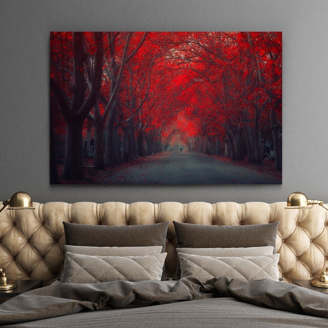 Beautiful Red Tree Park Print,red Leaves Forest Canvas Wall Art ...