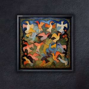 May include: A framed painting depicting an abstract design featuring a flock of birds in flight. The birds are painted in shades of blue, yellow, orange, red, and green. The background is a dark blue with a hint of green.