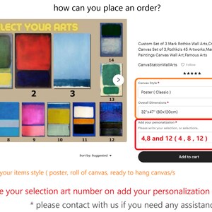 May include: A set of 3 Mark Rothko wall art prints. The image shows 12 different abstract paintings in a grid format. The customer can choose from the different paintings and add their selection to the personalization box. The customer can also choose the style of the print, either poster or canvas, and the overall dimensions. The image also includes the text "Select Your Arts" and "CanvaStationWallArts".