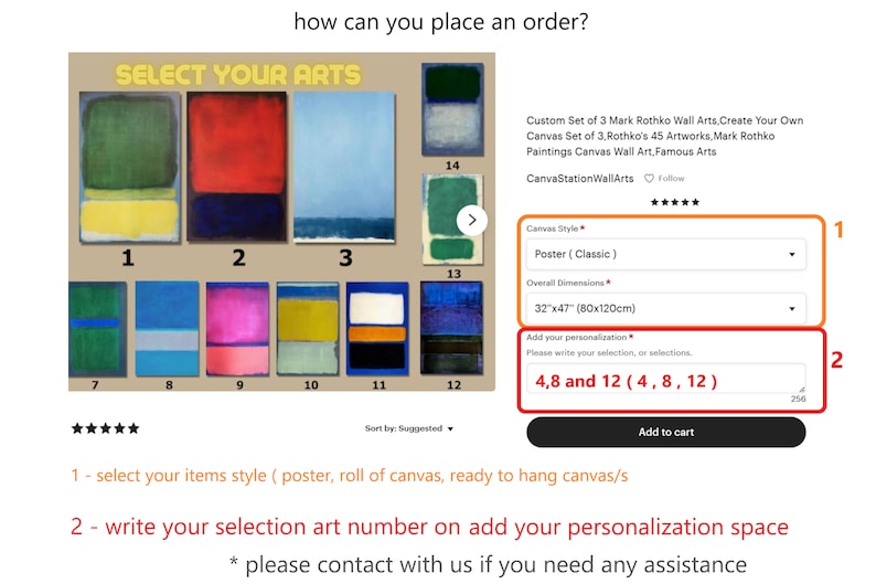 May include: A set of 3 Mark Rothko wall art prints. The image shows 12 different abstract paintings in a grid format. The customer can choose from the different paintings and add their selection to the personalization box. The customer can also choose the style of the print, either poster or canvas, and the overall dimensions. The image also includes the text "Select Your Arts" and "CanvaStationWallArts".