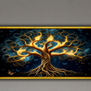 May include: A golden tree with intricate branches and roots, glowing with a warm light against a dark blue background.  Blue butterflies are scattered around the tree.