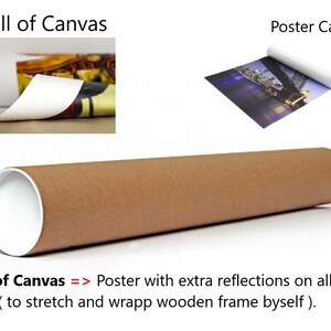 May include: A rolled canvas print and a flat canvas print. The rolled canvas is in a brown tube. The text on the image reads: *Roll of Canvas => Poster with extra reflections on all side (to stretch and wrapp wooden frame byself).
