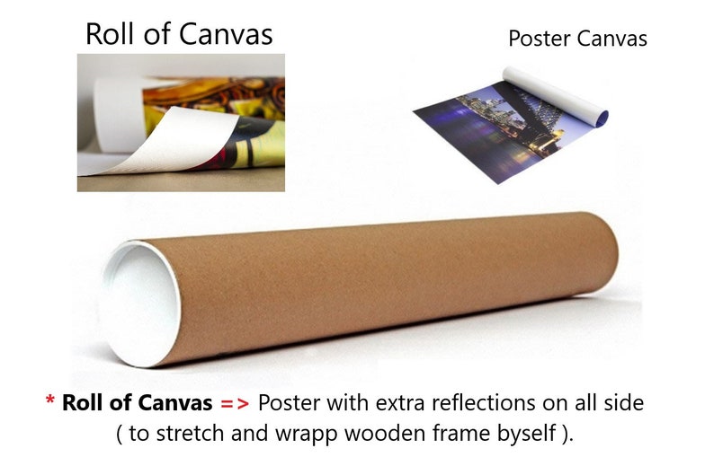 May include: A rolled canvas print and a flat canvas print. The rolled canvas is in a brown tube. The text on the image reads: *Roll of Canvas => Poster with extra reflections on all side (to stretch and wrapp wooden frame byself).
