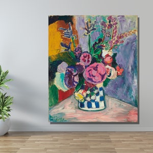 May include: A painting of a still life featuring a bouquet of pink, purple, and red flowers in a blue and white checkered vase. The flowers are arranged in a vase on a pink table. The background is a purple and blue abstract design.
