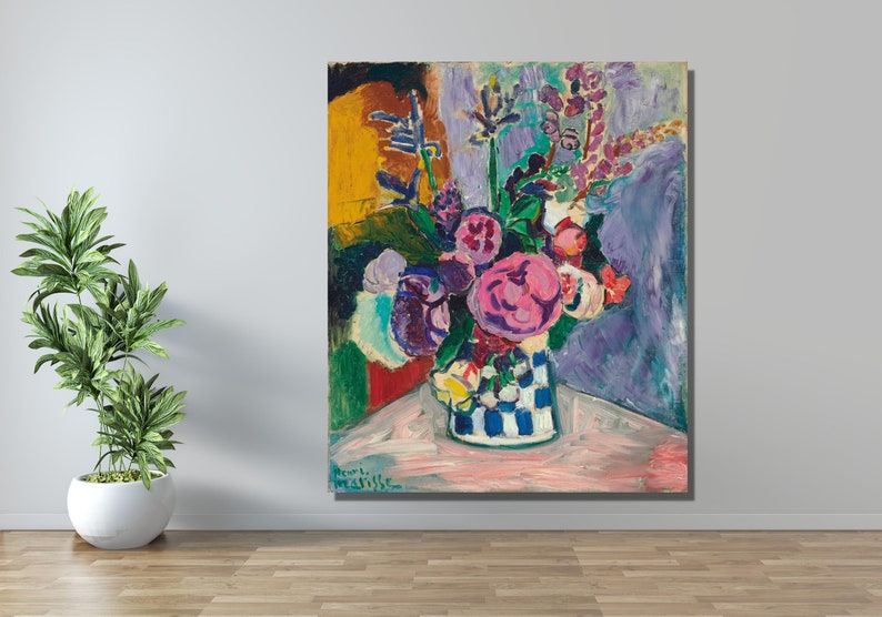 May include: A painting of a still life featuring a bouquet of pink, purple, and red flowers in a blue and white checkered vase. The flowers are arranged in a vase on a pink table. The background is a purple and blue abstract design.