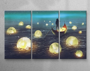 Moon Canvas Poster Art,Moonlight Canvas Wall Art Print,Minimalist Canvas Night,moons floating on the sea,Housewarming gifts,Canvas wall art