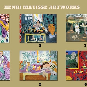 May include: Six paintings by Henri Matisse, each depicting a different scene. The paintings are numbered 1 through 6. The paintings are all in a similar style, with bright colors and bold lines. The paintings are all of people in various settings.