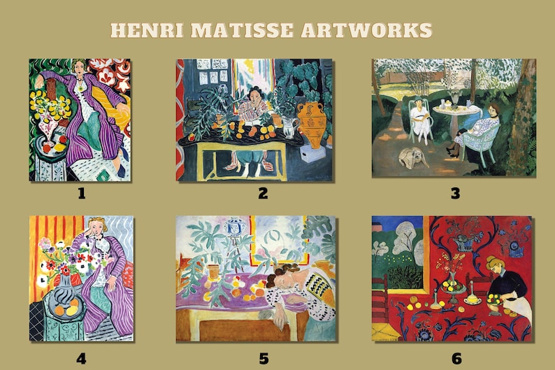 May include: Six paintings by Henri Matisse, each depicting a different scene. The paintings are numbered 1 through 6. The paintings are all in a similar style, with bright colors and bold lines. The paintings are all of people in various settings.