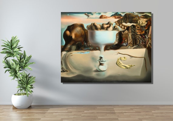 サルバドール・ダリ「ビーチに浮かぶ顔とフルーツ皿の幻影」キャンバス