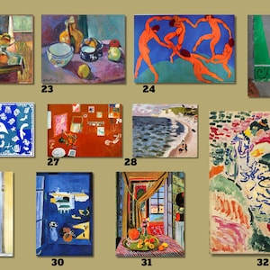 May include: A collection of 10 framed paintings by Henri Matisse, featuring various subjects including still life, landscapes, and figures. The paintings are displayed in a grid format with numbers below each frame.
