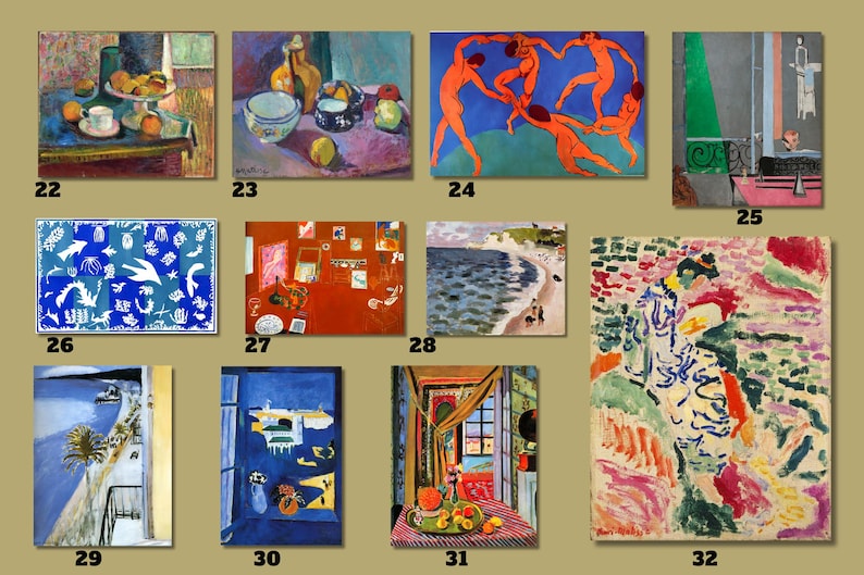 May include: A collection of 10 framed paintings by Henri Matisse, featuring various subjects including still life, landscapes, and figures. The paintings are displayed in a grid format with numbers below each frame.