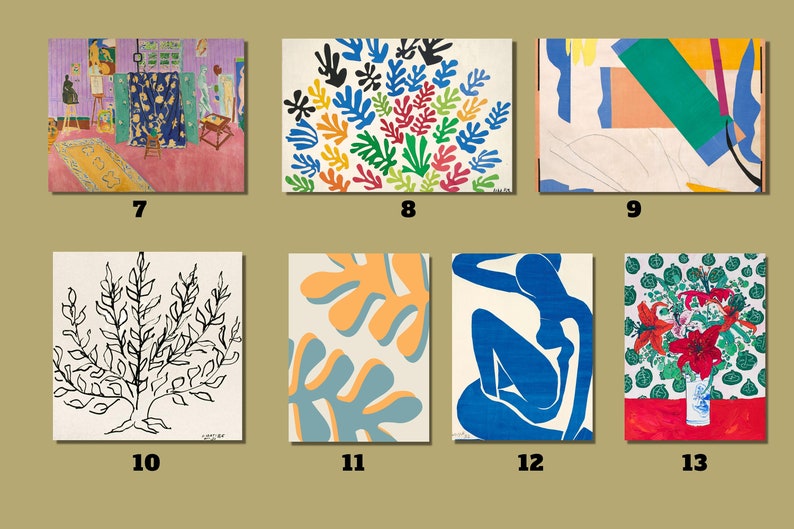 May include: A collection of 10 framed art prints featuring abstract designs in various colors, including blue, green, red, yellow, and black. The prints are arranged in a grid pattern and each has a number below it.