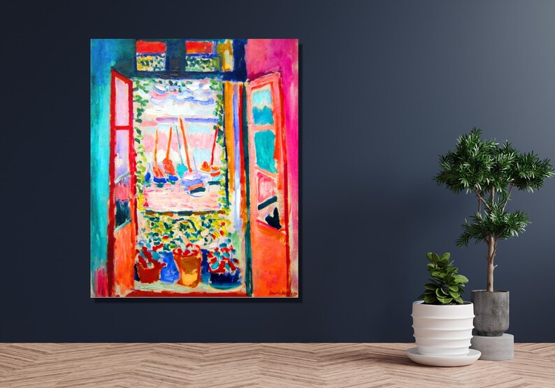 May include: A painting of an open window with a view of a harbor. The window is painted in bright colors, including red, orange, yellow, and blue. There are potted plants on the windowsill.