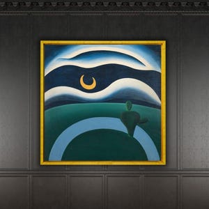 May include: A framed abstract painting with a gold frame. The artwork features a crescent moon in a dark blue sky, with layered white and blue cloud-like shapes. A green landscape and a blue arch are in the foreground.