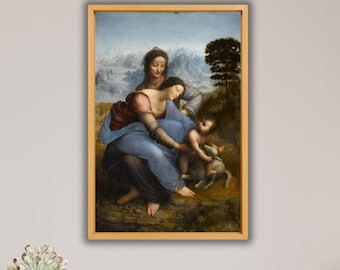May include: A framed print of a Renaissance painting featuring three figures. The central figure wears a blue robe and holds a child, while another woman stands behind them. The artwork has a landscape background with a tree.