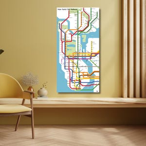 May include: A vertical rectangular wall art print featuring a New York City Subway map with multicolored transit lines on a white background. The map displays various routes in red, blue, orange, yellow, green, and purple, with the text New York City Subway at the top.