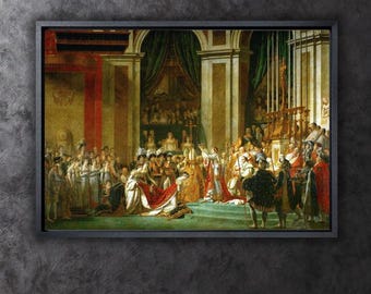 May include: Framed print of a historical painting depicting a coronation scene. The artwork features numerous figures in ornate attire, with a central focus on a regal ceremony. The color palette includes rich reds, golds, and greens, set within a grand architectural interior.