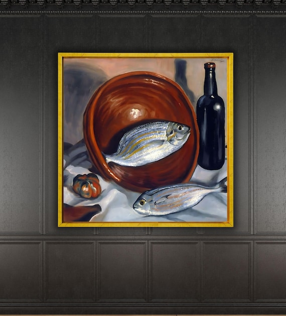 サルバドール・ダリの静物画「赤いボウルを持つ魚」アートキャンバス