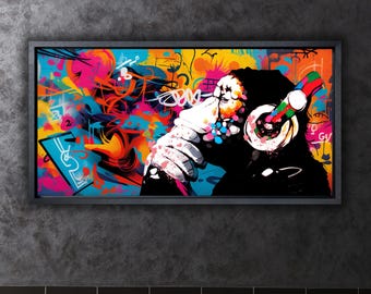 Banksy Dj Monkey Art Canvas Print,Banksy Dj Chimpanzee Poster Wall Art,Graffiti Canvas Art,Living Kids Room Wall Decor,Modern Wall Art Decor