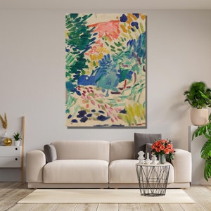 May include: Abstract painting with a colorful landscape scene. The painting features a variety of colors, including blue, green, yellow, pink, and white. The brushstrokes are visible and create a textured effect. The painting is framed and ready to hang.